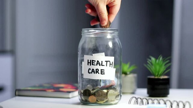 Health goal savings in labeled jar. Person contributing to Healthcare fund jar, representing wellness investment and proactive approach to medical expenses