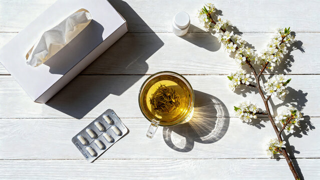 Spring allergy concept, a box of tissues, herbal tea in a glass cup, pills blister pack, blooming tree branch, clean white wooden table