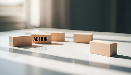 Action Block &mdash; Wooden Blocks with Bold Typography on White Surface

