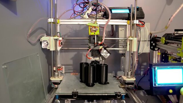 A 3D printer in operation, printing plastic parts using fused filament manufacturing technology. The print head deposits molten material onto a glass work plate, forming detailed black components.