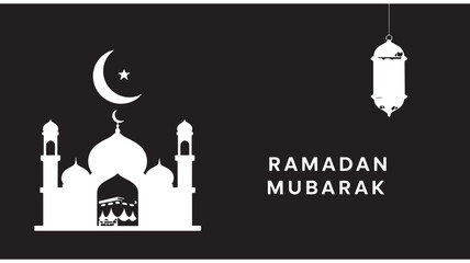 Obraz premium Ramadan Mubarak Mosque with Crescent Moon and Lantern in Minimalist White Silhouette on Black Background for Islamic Greeting Card