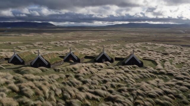 A group of traditional longhouses with turf-covered roofs nestled in a barren, rocky northern environment under a cloudy sky. This 3D environment represents a historic Scandinavian settlement or remot