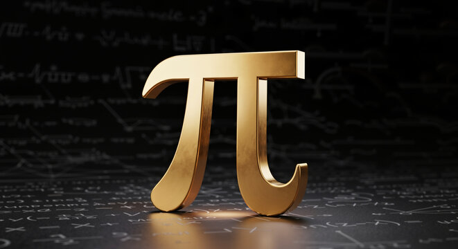 Golden pi symbol on dark background with mathematical equations  