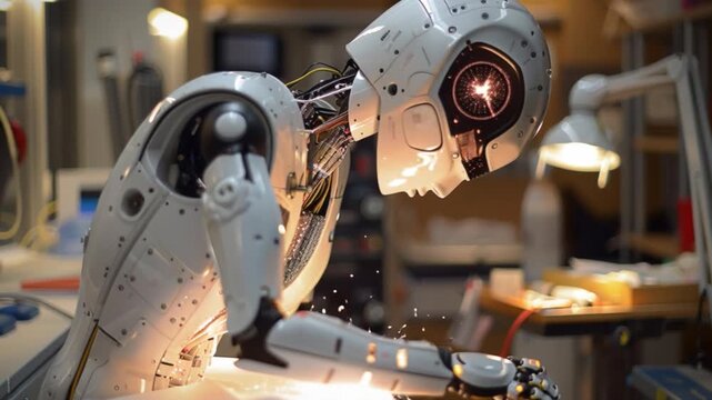 In a sleek, contemporary workshop with dim ambient lighting, a humanoid robot concentrates on its assigned task, exemplifying precision with specialized tools