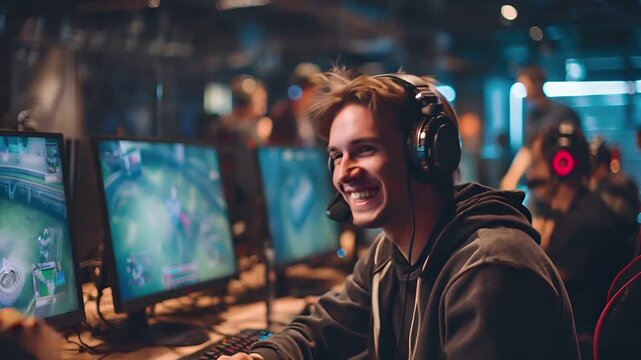 Fun gaming entertainment. A man wearing headphones and a hoodie, intently focused on gaming, surrounded by monitors, keyboards, mouses, and other objects on the table.