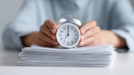 Person holding alarm clock over stack of paperwork on desk  