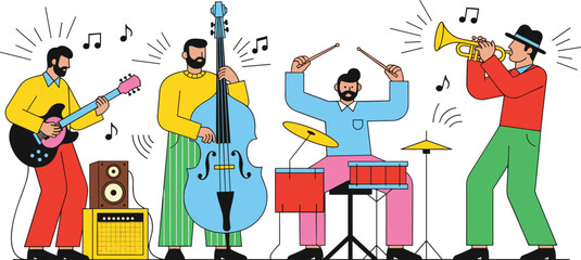 Flat vector illustration of a jazz band performing live music with guitar bass drums and trumpet © VectoInfinity 
