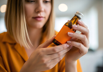 Fototapeta premium A woman holds a bottle of orange liquid
