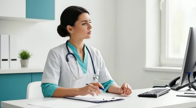 Focused female doctor reviewing patient records at desk in modern medical office demonstrating healthcare professionalism and diligent analysis with a calm reassuring atmosphere