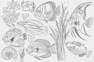Hand Drawn Marine Life Doodle Set with Tropical Fish, Seaweed and Coral