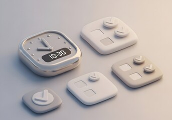 Fototapeta premium Set of minimalist white alarm clock and remote control icons isolated on transparent background