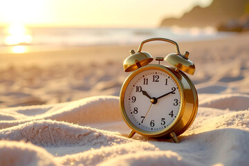 Goldener Wecker am Strand bei Sonnenaufgang