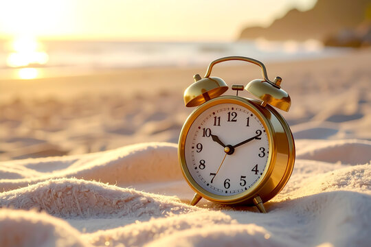 Goldener Wecker am Strand bei Sonnenaufgang