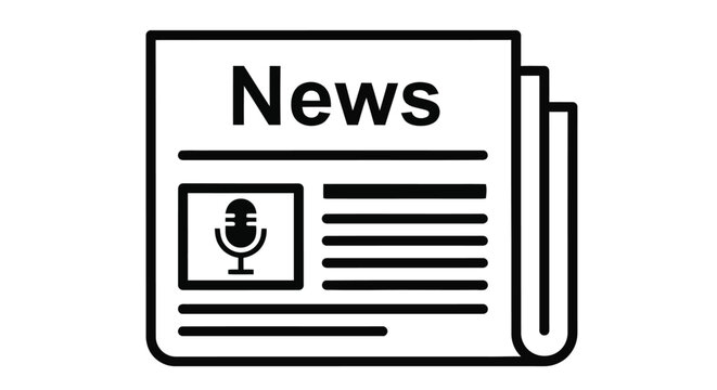 Simple black and white line drawing of a newspaper with a microphone icon
