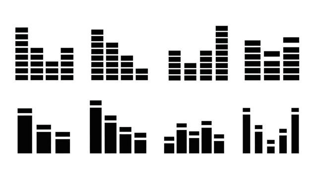 Set of Black Audio Visualizers, Sound Waveforms, Equalizer Bars Icons