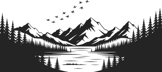 Black and white of a serene mountain landscape with a lake and flying birds mountains © Hey there