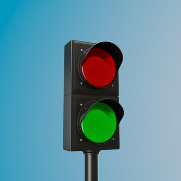 Conceptual studio shot of a two-lens traffic light with both red and green lights illuminated at the same time. Metaphor for mixed signals, business dilemma, conflicting decisions, regulatory