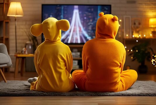 Dos figuras envueltas en monos de animales disfrutan de una noche de cine en casa.