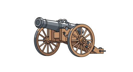 An old-fashioned military cannon with wooden wheels stands ready for action against a clean white background.