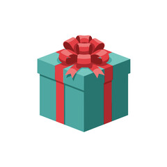 Teal Gift Box with Red Ribbon and Bow, Isolated on White Background, Top View