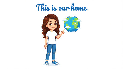 Fototapeta premium Educational message about the concept of sustainable practices, with an illustration of a little girl showing that Earth is our home. Environment and ecology