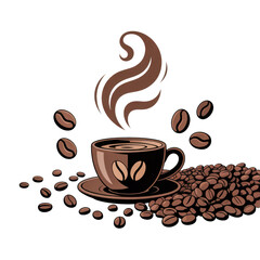 Brown coffee cup with steam and beans on saucer isolated on a transparent background