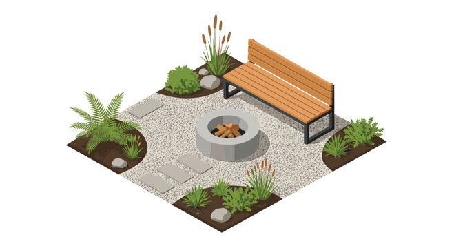 Isometric view of a modern garden space features a central fire pit, wooden bench, stepping stones, plants, and gravel.