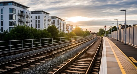 Obraz premium Railway tracks leading to modern apartment buildings under sunset sky with train platform