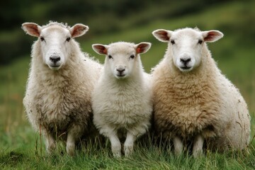 Trio of fluffy sheep in green pasture
