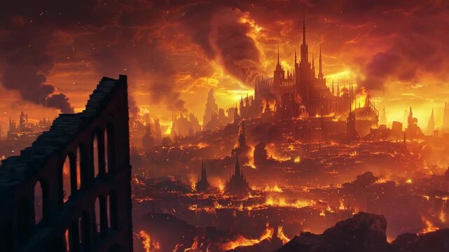 Epic fantasy city burning under a dramatic sky with infernal clouds, apocalypse, destruction, dark fantasy 4k video
