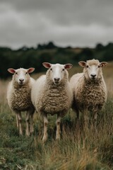 Fototapeta premium Three sheep standing in a field under cloudy sky