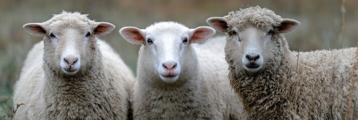 Obraz premium Three sheep standing in a field with soft curly wool
