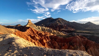 Vast panoramic vista of colorful mountain ranges under a partly cloudy, brilliant blue sky