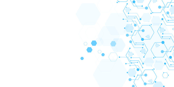 Abstract Blue High Tech Connectivity Background with Interconnected Hexagonal Molecular Network, Digital Circuit Lines, and Minimal Futuristic Data Science Design.