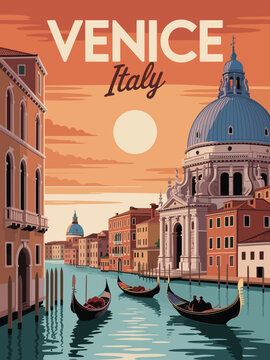 Venice Travel Poster, Classic Italian Canal with Three Gondolas and Timeless Vintage Tourism Design Artwork