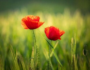 Obraz premium Two vibrant red poppy flowers, with delicate petals, stand out in a sunlit green field