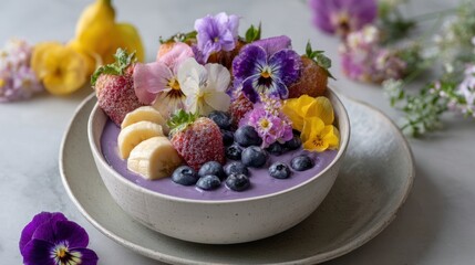 Vibrant acai bowl with fresh fruits and edible flowers on marble surface