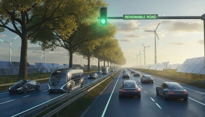 Futuristic highway with electric vehicles, solar panels, and wind turbines on renewable road