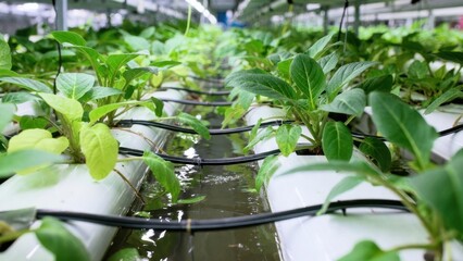 Hydroponic lettuce growing in indoor farm with nutrient solution