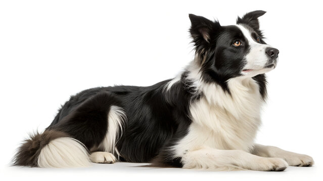 A magnificent black and white Border Collie dog is posed gracefully, lying on a crisp white surface while looking thoughtfully upwards.