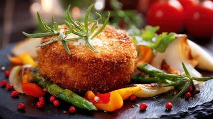 Gourmet breaded cheese appetizer with vegetables and herbs on slate.