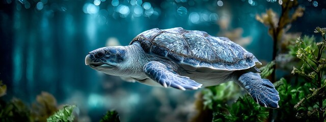 Obraz premium A turtle swimming in a tank with green plants