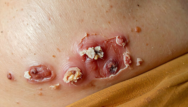 Human skin showing mpox rash with lesions and blisters