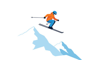 Fototapeta premium A person in orange and blue ski gear is performing an airborne jump over snowy mountains.