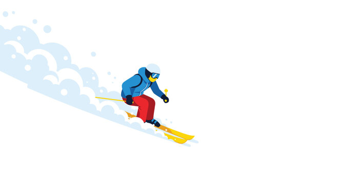A person in blue and red ski gear is skiing down a snowy mountain slope, kicking up powder.