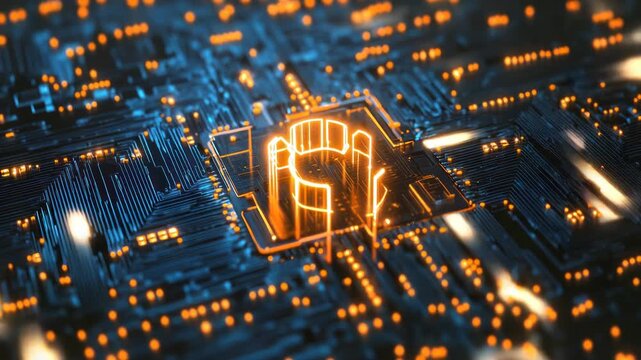 A detailed image of a glowing circuit board with orange lights, simulating electronic pathways