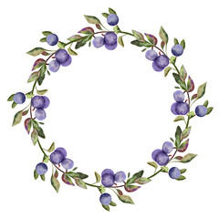 Blueberry round frame or wreath with green leaves. Hand-drawn watercolor illustration isolated on white background. Perfect for invitations, logo design, or food-related branding