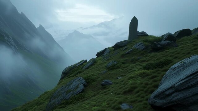 Misty nordic mountain landscape with ancient standing stone evoking Scandinavian gods mythology
