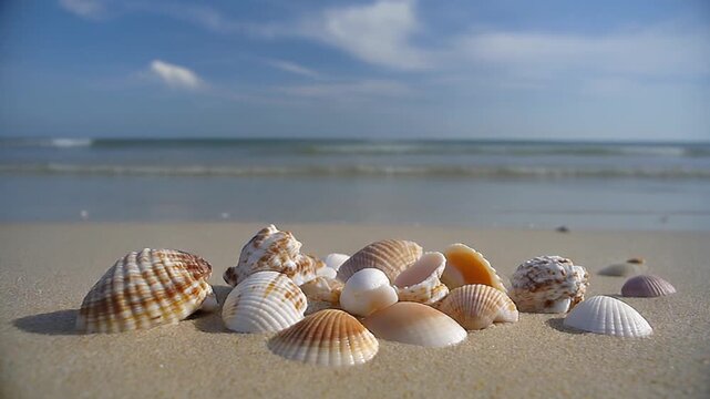 Shells scattered on sandy beach with ocean waves in the background