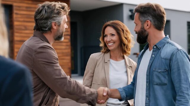 Happy man and woman shake hands with a man outside an office building to finalize a business deal in a bright and modern setting during daytime